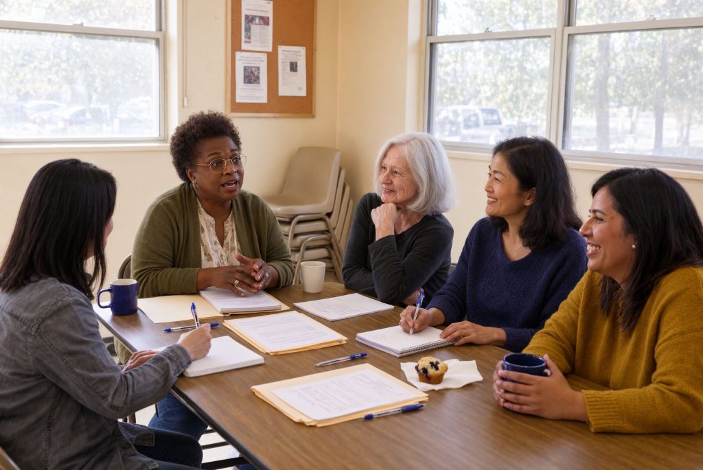 Zonta members talking around a meeting table